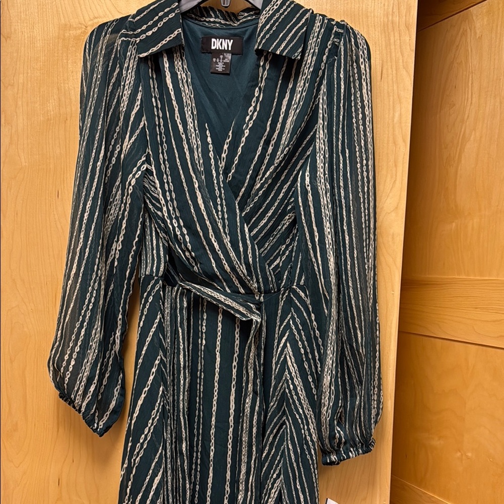 DKNY Black and Silver Sheath Dress with Bishop Sleeves